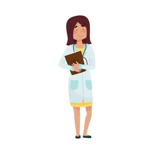 Doctora en uniforme médico de pie con una ilustración vectorial de clipboard