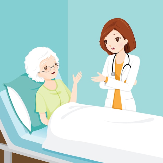 Doctora visitando y hablando con un paciente anciano en la cama