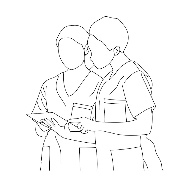 Doctoras discutiendo algunos registros médicos Arte de línea vectorial aislado en un fondo blanco