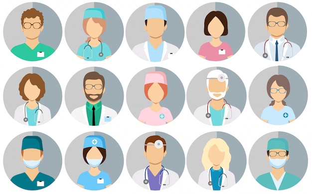 Vector doctores avatar. personal médico: conjunto de iconos con médicos, cirujanos, enfermeras y otros profesionales médicos.