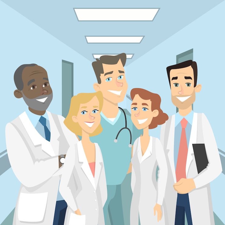 Vector doctores en clínica. hombres y mujeres de pie juntos en la sala.