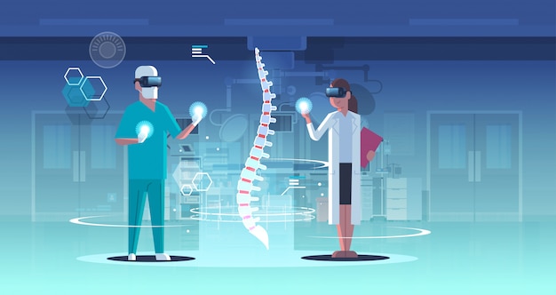 Doctores pareja con gafas digitales mirando realidad virtual columna vertebral órgano humano anatomía cuidado de la salud