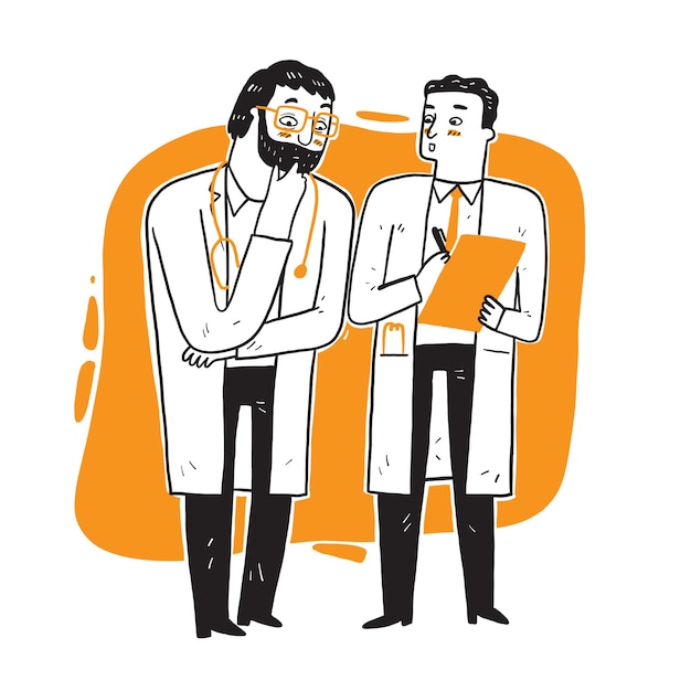 Doctores de pie y hablando. Vector digital médico sobre la jornada laboral de los médicos.