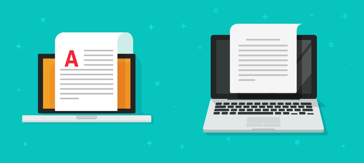 Vector documento de artículo de texto de blog en los iconos de la pantalla de la computadora o copiar la escritura y la creación de contenido multimedia en