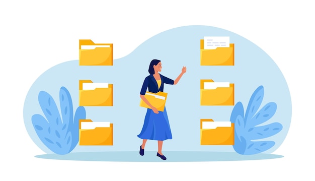Documento de búsqueda de mujer en contenido de catálogo en carpeta Organización de archivos y documentos en base de datos Servicio de organización de archivos electrónicos Almacenamiento de archivos de datos e indexación de información