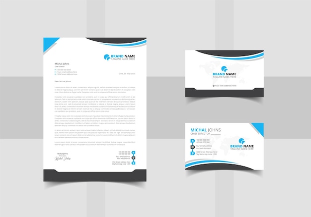 Vector documento comercial azul con paquete de papelería.