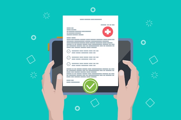 Documento conceptual digital de receta médica o informe en línea de los resultados de las pruebas en portátil
