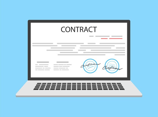 Documento de contrato inteligente electrónico en línea en la firma del documento en papel de la computadora portátil en la pantalla de la computadora