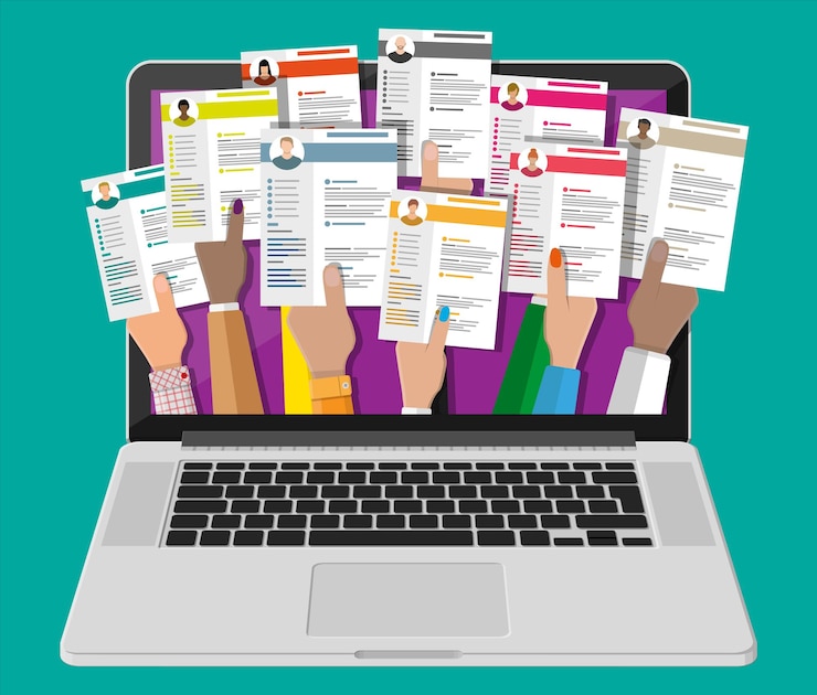 Vector documento de currículum de trabajo fuera de la computadora portátil manos sosteniendo papeles de currículum de cv concepto de gestión de recursos humanos buscando trabajo de personal profesional encontrado currículum correcto ilustración vectorial en estilo plano