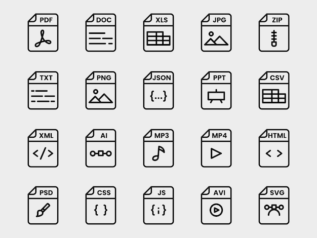 Documento formato de archivo carpeta pdf doc xls jpg zip txt png json ppt csv xml ai mp3 mp4 html psd css js