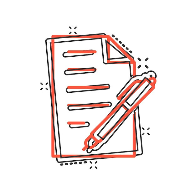Documento con icono de bolígrafo en estilo cómico bloc de notas ilustración de dibujos animados vectorial en fondo blanco aislado concepto de negocio de efecto salpicaduras de papelería de oficina