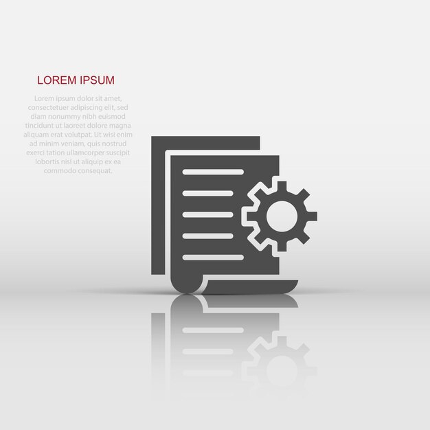 Documento con icono de engranaje en estilo plano Ilustración de vector de procesamiento de datos grandes sobre fondo blanco aislado Concepto de negocio de solución de software de hoja de papel