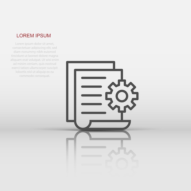 Documento con icono de engranaje en estilo plano Ilustración de vector de procesamiento de datos grandes sobre fondo blanco aislado Concepto de negocio de solución de software de hoja de papel