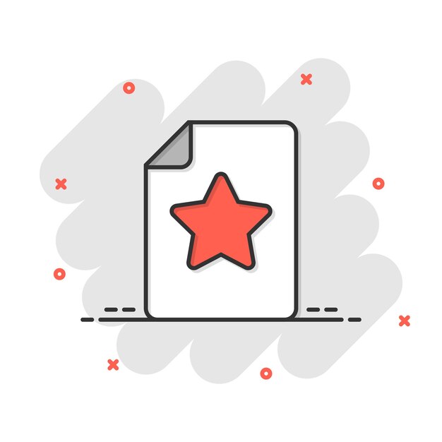 Documento con icono de estrella en estilo cómico Ilustración de vector de dibujos animados de lista de deseos sobre fondo blanco aislado Concepto de negocio de efecto de salpicadura de compra favorita