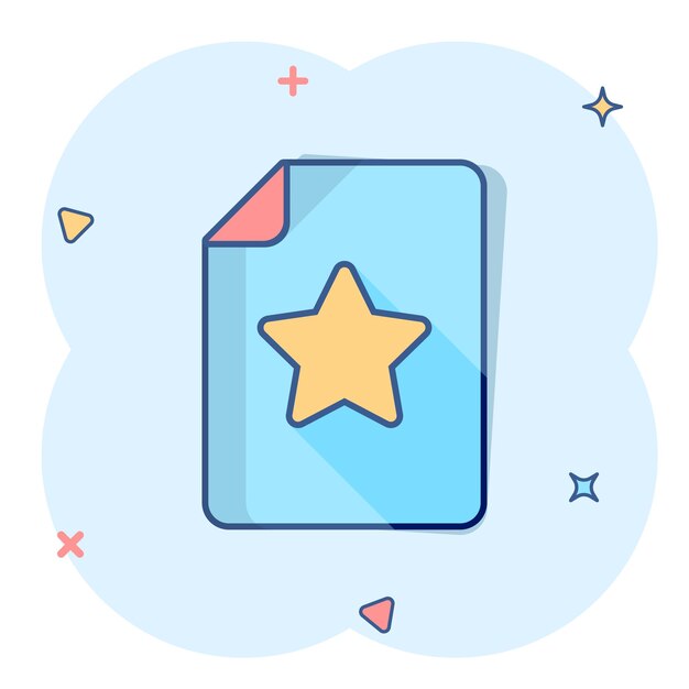 Documento con icono de estrella en estilo cómico Ilustración de vector de dibujos animados de lista de deseos sobre fondo blanco aislado Concepto de negocio de efecto de salpicadura de compra favorita