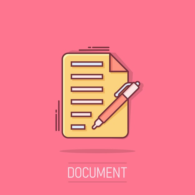 Documento con icono de lápiz en estilo cómico Bloc de notas ilustración de dibujos animados vectoriales sobre fondo aislado Concepto de negocio de efecto de salpicadura de papelería de oficina