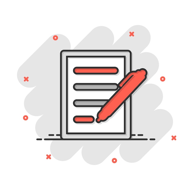 Documento con icono de pluma en estilo cómico Ilustración de dibujos animados vectoriales de Bloc de notas sobre fondo blanco aislado Concepto de negocio de efecto de salpicadura de papelería de oficina