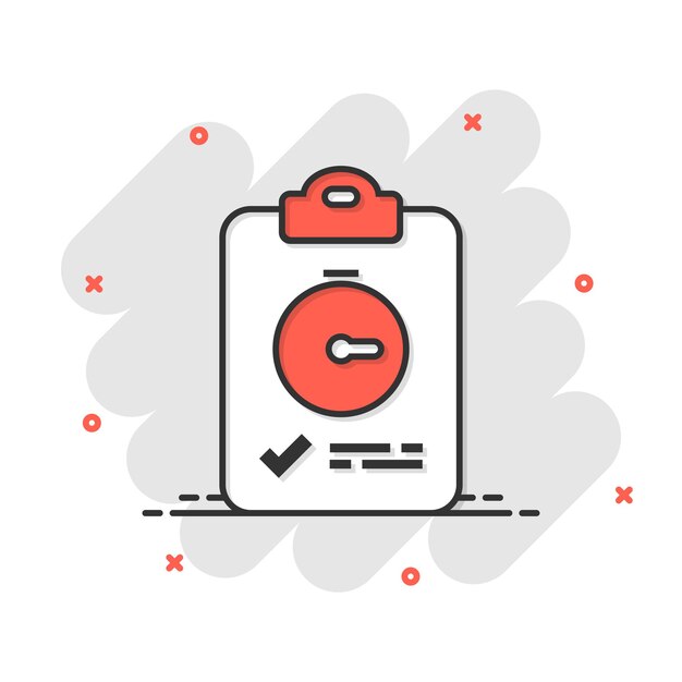 Documento icono de reloj de bruja en estilo cómic Lista de comprobación encuesta ilustración vectorial de dibujos animados en fondo blanco aislado Concepto de negocio de efecto salpicaduras de servicio rápido