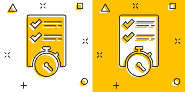 Documento icono de reloj de bruja en estilo cómic Lista de comprobación encuesta ilustración vectorial de dibujos animados en fondo blanco aislado Concepto de negocio de efecto salpicaduras de servicio rápido