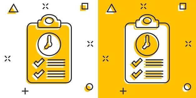 Documento icono de reloj de bruja en estilo cómic Lista de comprobación encuesta ilustración vectorial de dibujos animados en fondo blanco aislado Concepto de negocio de efecto salpicaduras de servicio rápido