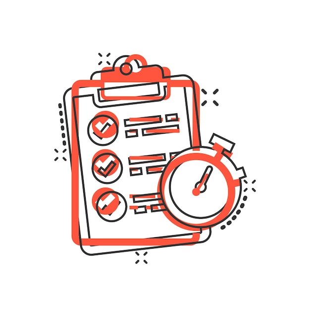 Documento icono de reloj de bruja en estilo cómic Lista de comprobación encuesta ilustración vectorial de dibujos animados en fondo blanco aislado Concepto de negocio de efecto salpicaduras de servicio rápido