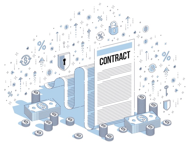 Documento legal de papel de hoja de contrato y pilas de dinero en efectivo aisladas sobre fondo blanco. Ilustración isométrica de negocios vectoriales 3D con iconos, gráficos de estadísticas y elementos de diseño.