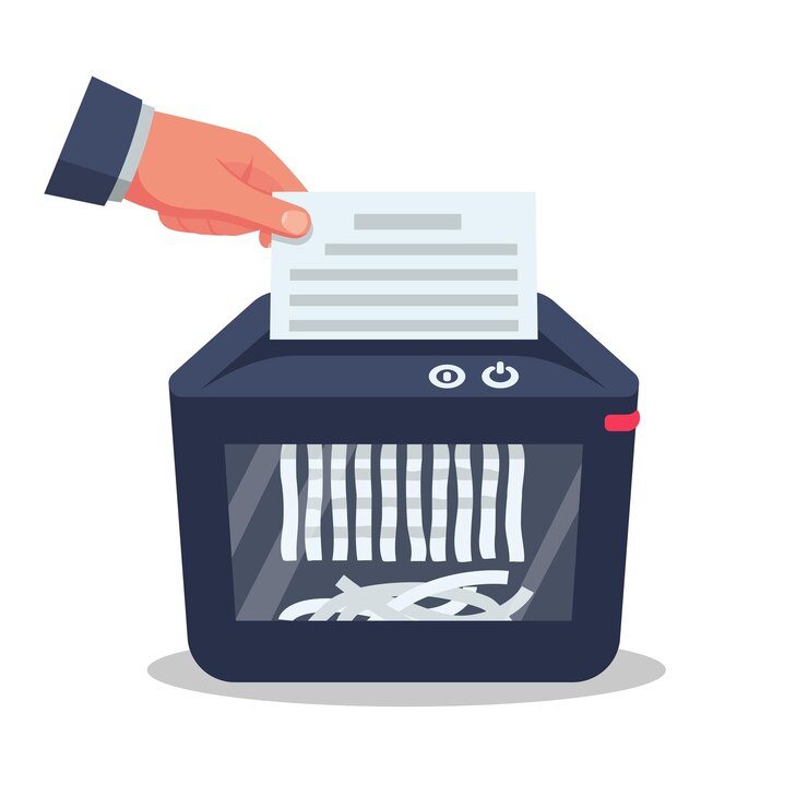 Vector documento en mano para destrucción máquina trituradora trituradora de papel protección de información vectorial