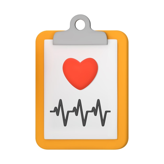 Documento médico 3D con corazón y cardiograma Icono médico Atención médica y medicina Formulario de control de salud Informe de control de la salud Cartón de recortes Ilustración vectorial 3D aislada en fondo blanco