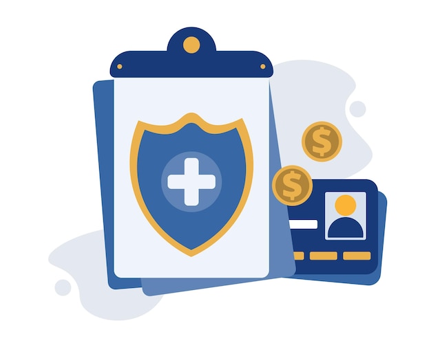 Documento médico con escudo protector y cédula de identidad del paciente Costos del seguro médico
