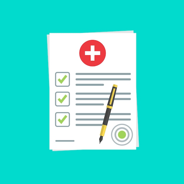 documento o contrato de seguro médico y bolígrafo de bolas Ilustración vectorial de informe médico10 eps