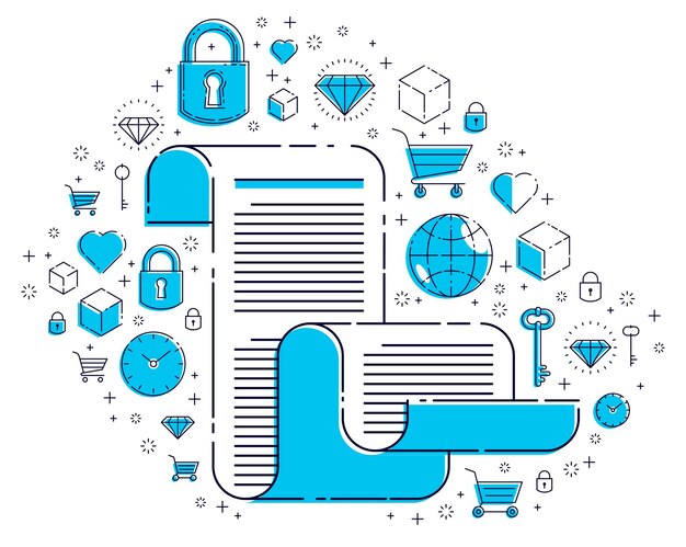 Documento en papel con conjunto de iconos, concepto de documentación electrónica, ahorro y protección de datos, preguntas frecuentes o contrato y reglas de membresía de acuerdo, diseño vectorial.