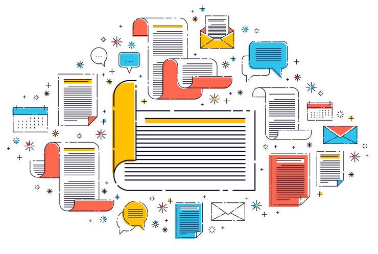 Vector documento en papel con conjunto de iconos, concepto de documentación electrónica, ahorro y protección de datos, preguntas frecuentes o contrato y reglas de membresía de acuerdo, diseño vectorial.