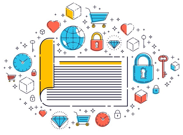 Documento en papel con conjunto de iconos, concepto de documentación electrónica, ahorro y protección de datos, preguntas frecuentes o contrato y reglas de membresía de acuerdo, diseño vectorial.