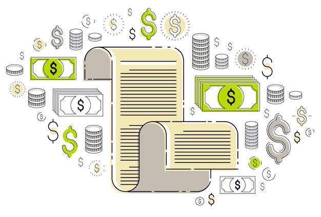 Documento en papel con conjunto de iconos, concepto de documentación electrónica, ahorro y protección de datos, preguntas frecuentes o contrato y reglas de membresía de acuerdo, diseño vectorial.