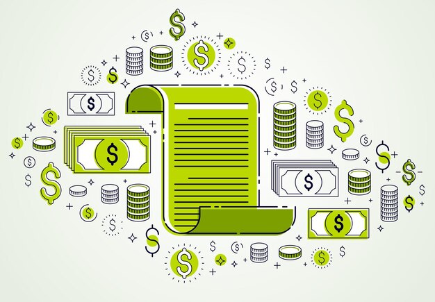 Documento en papel con conjunto de iconos, concepto de documentación electrónica, ahorro y protección de datos, preguntas frecuentes o contrato y reglas de membresía de acuerdo, diseño vectorial.
