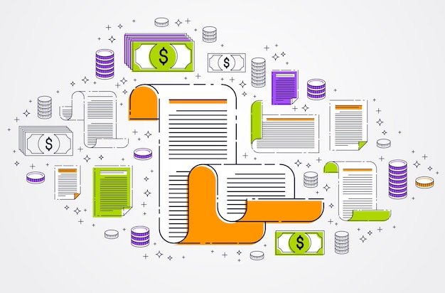 Documento en papel con conjunto de iconos, concepto de documentación electrónica, ahorro y protección de datos, preguntas frecuentes o contrato y reglas de membresía de acuerdo, diseño vectorial.