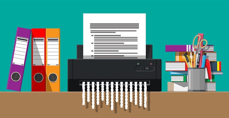Vector documento en papel en máquina trituradora. documento rasgado en pedazos.