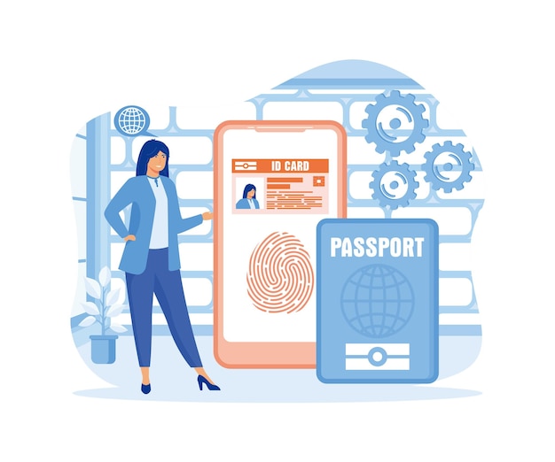 Documentos biométricos en la aplicación para teléfonos inteligentes Concepto de tarjeta de identificación inteligente Pasaporte digital y licencia de conducir Tarjeta de identidad electrónica Ilustración moderna de vector plano