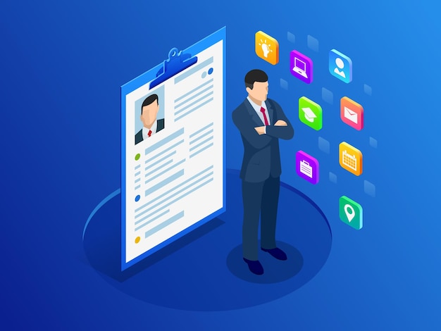 Documentos de currículum isométrico de mujer y cv. Anuncio de reclutamiento, oportunidad de trabajo. Búsqueda de personal profesional, trabajo, análisis de currículum, documentos.