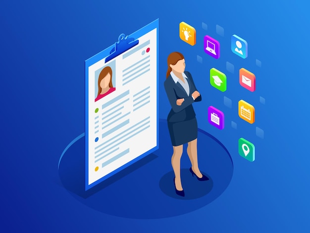 Documentos de currículum isométrico de mujer y cv. Anuncio de reclutamiento, oportunidad de trabajo. Búsqueda de personal profesional, trabajo, análisis de currículum, documentos.
