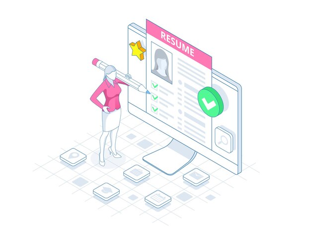 Documentos de currículum isométrico de mujer y cv Anuncio de reclutamiento Oportunidad de trabajo Búsqueda de trabajo de personal profesional analizando papeles de documentos de currículum