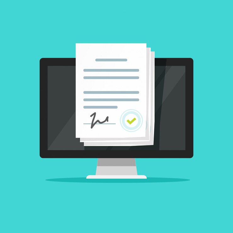 Vector documentos electrónicos en línea o contratos inteligentes con firma en computadora portátil