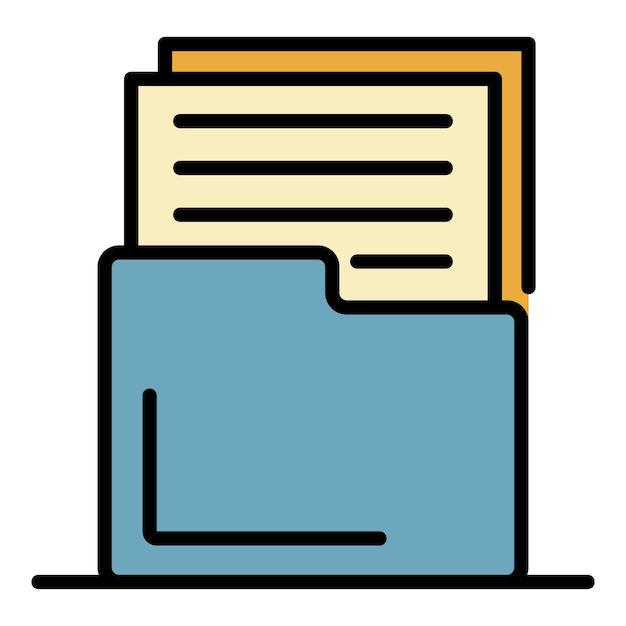 Documentos en un icono de carpeta Contorno de documentos en un icono de vector de carpeta color plano aislado