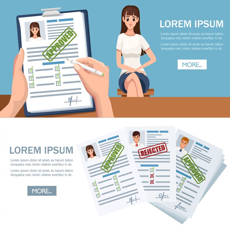 Vector documentos de solicitud con sello de rechazo y aprobación. solicitud o currículum rechazada y aprobada. formulario en papel con casillas de verificación y foto. ilustración sobre fondo blanco. lugar para el texto