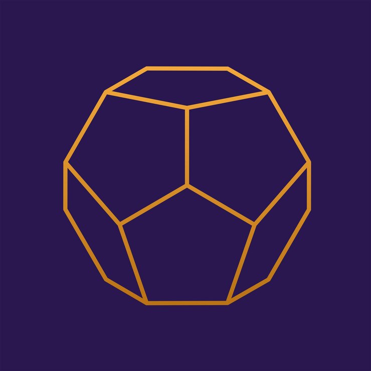 Vector dodecaedro dorado lineal sobre fondo púrpura para el diseño de empaque de iconos de juegos o logotipo sólido platónico ilustración vectorial