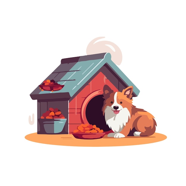 Dog House Ilustración de un perro divertido de dibujos animados y casa con plato para comida de perro