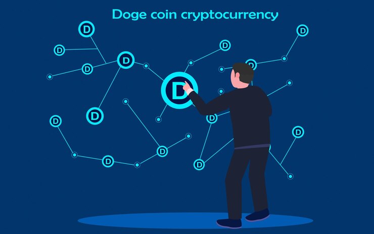 Vector doge coin cryptocurrency businessman observando y analizando el gráfico de distribución de blockchain