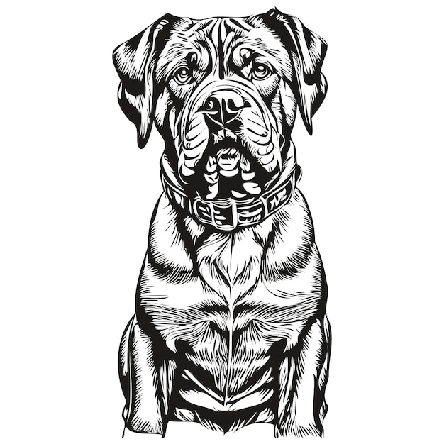 Dogo de Burdeos perro caricatura cara tinta retrato blanco y negro boceto dibujo impresión de camiseta dibujo de boceto