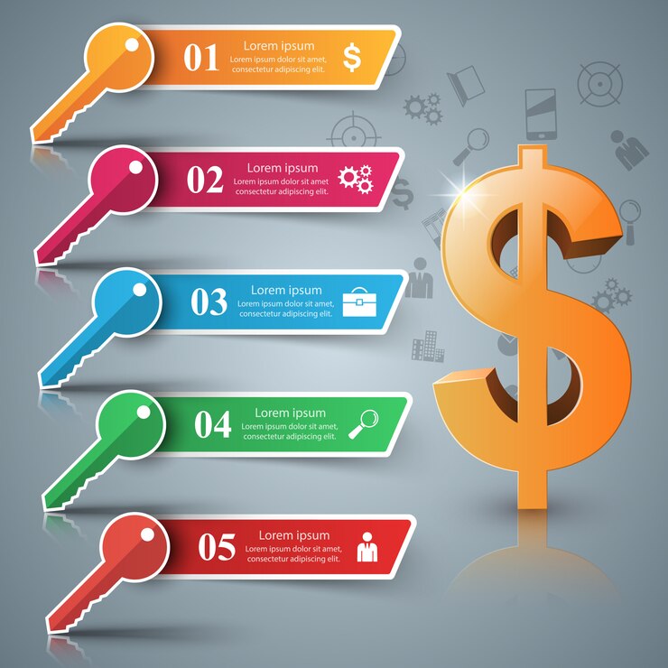 Vector dólar, clave de papel de cinco infografía.