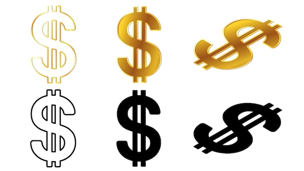 Vector dólar estadounidense usd moneda signos dorados silueta y contorno vista isométrica superior y frontal aislada sobre fondo blanco moneda del banco central de américa clipart vectorial